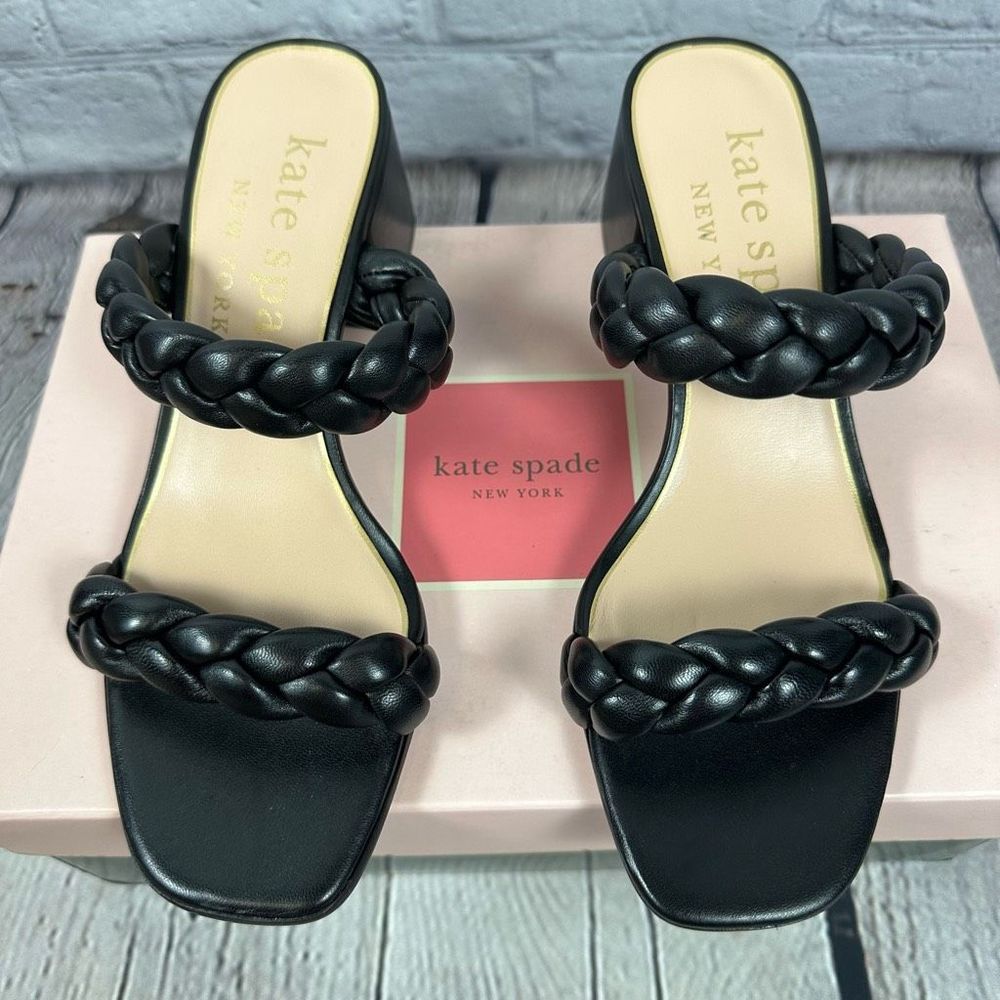 Kate Spade Women’s Juniper Puffy Braided Sandals Leather Slide Black 5.5 NEW - Picture 2 of 6